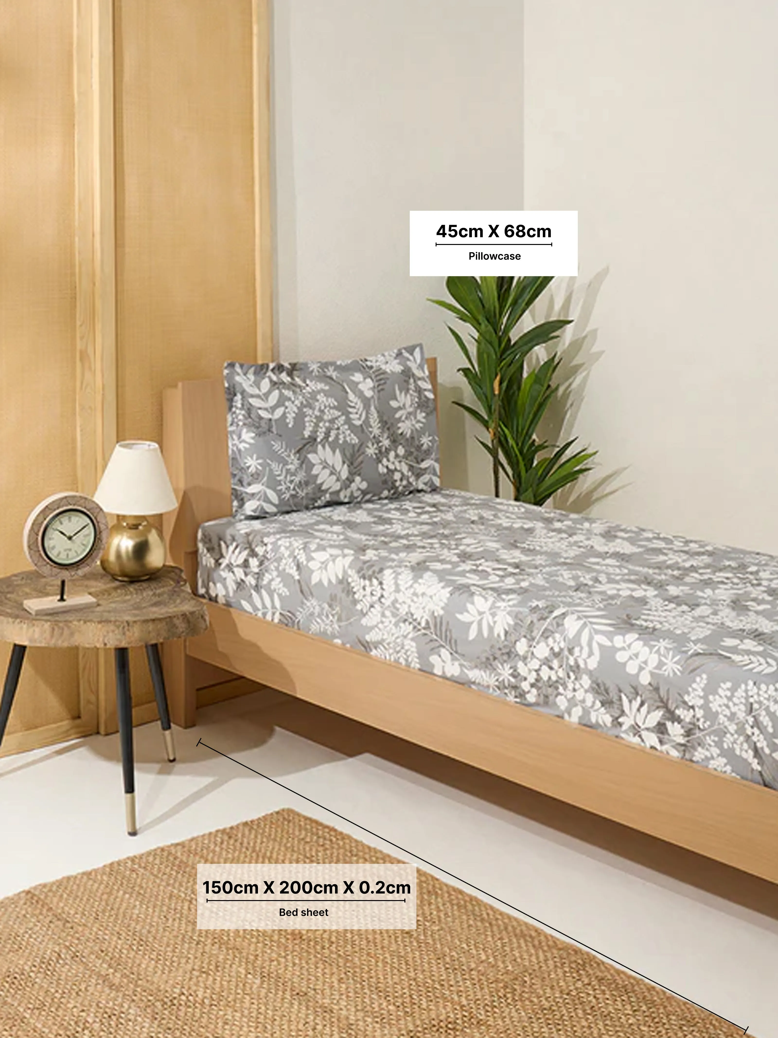 Westside Home Grey Foliage Printed Single Bed Flat Sheet and Pillowcase Set