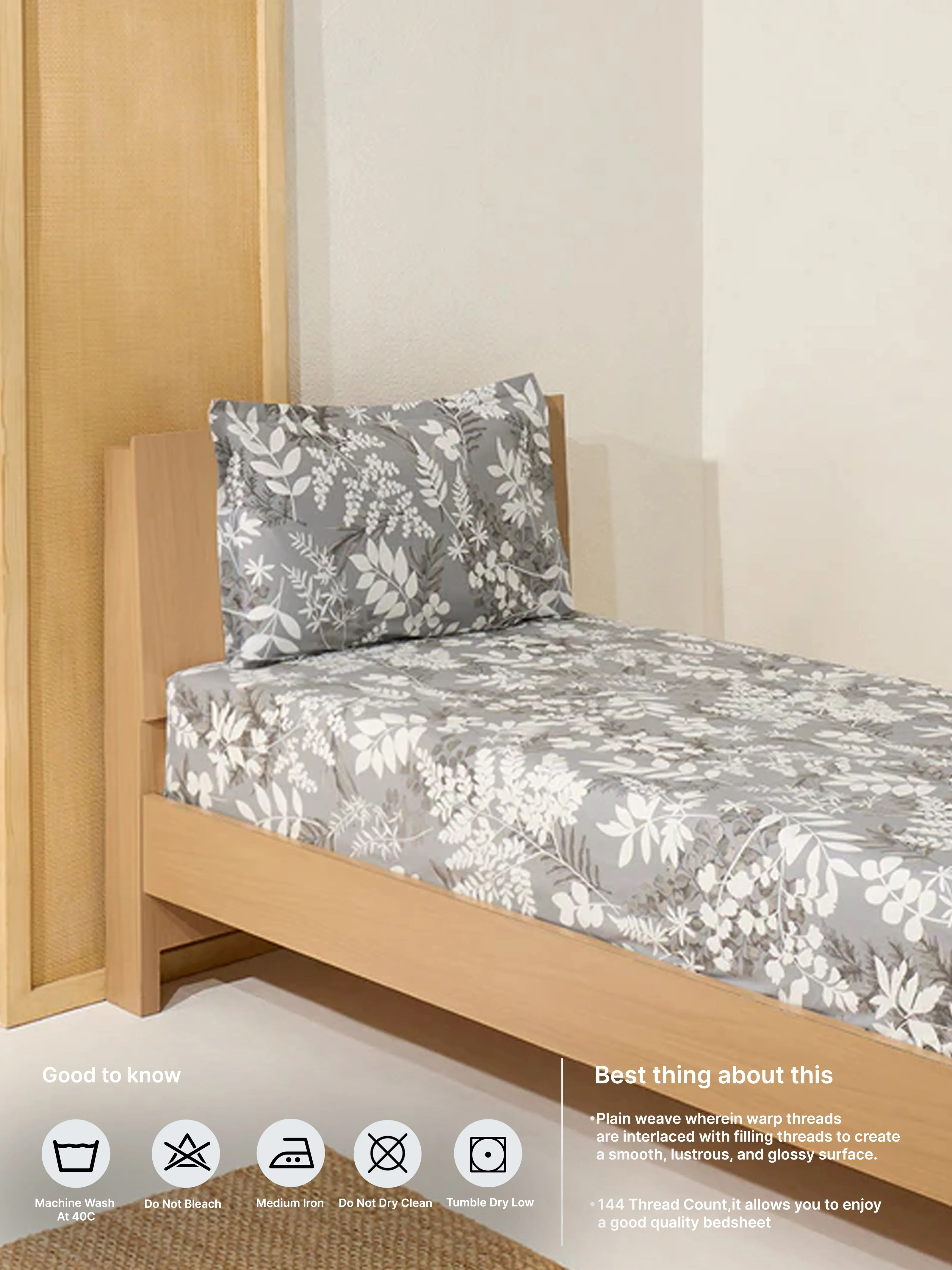 Westside Home Grey Foliage Printed Single Bed Flat Sheet and Pillowcase Set
