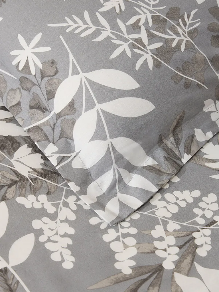 Westside Home Grey Foliage Printed Single Bed Flat Sheet and Pillowcase Set