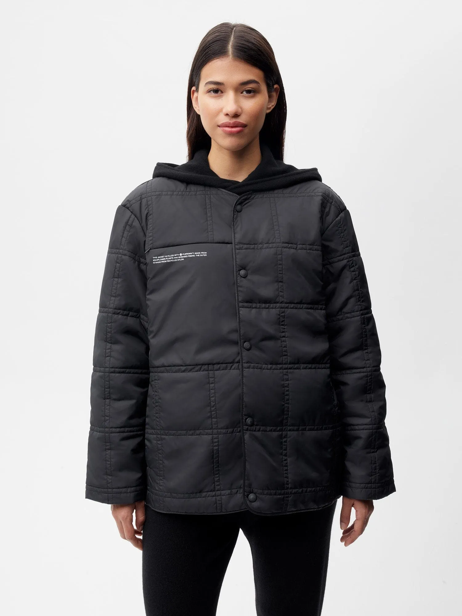 Womens Flower-Warmth Quilted Collarless Jacket —black