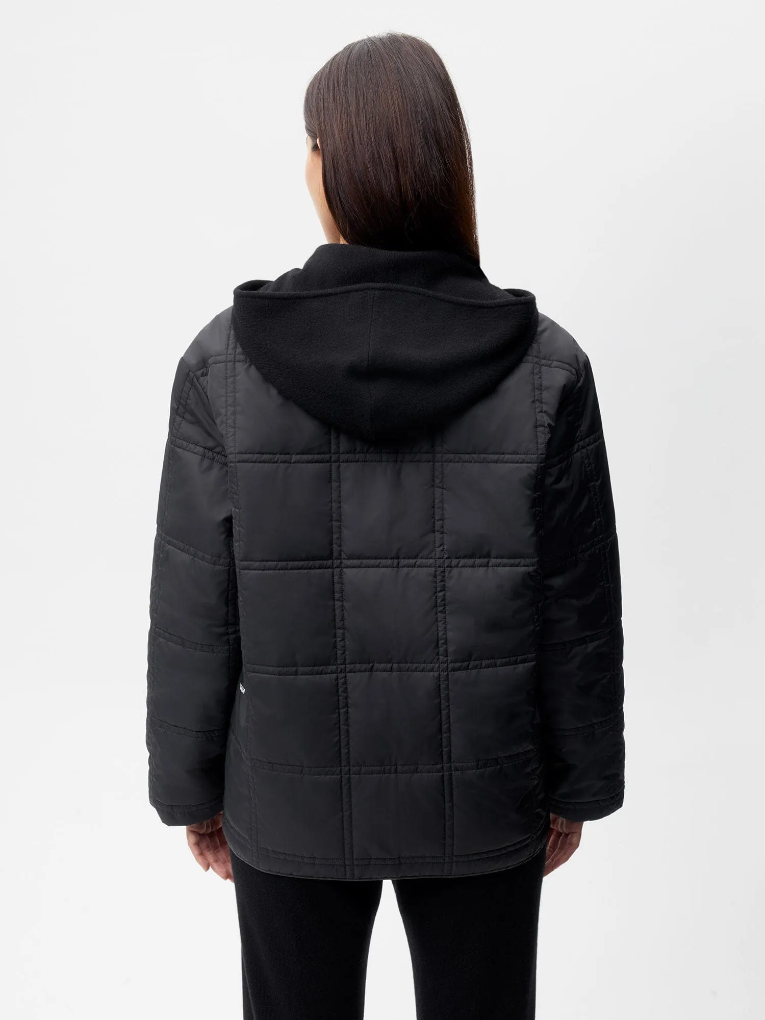 Womens Flower-Warmth Quilted Collarless Jacket —black