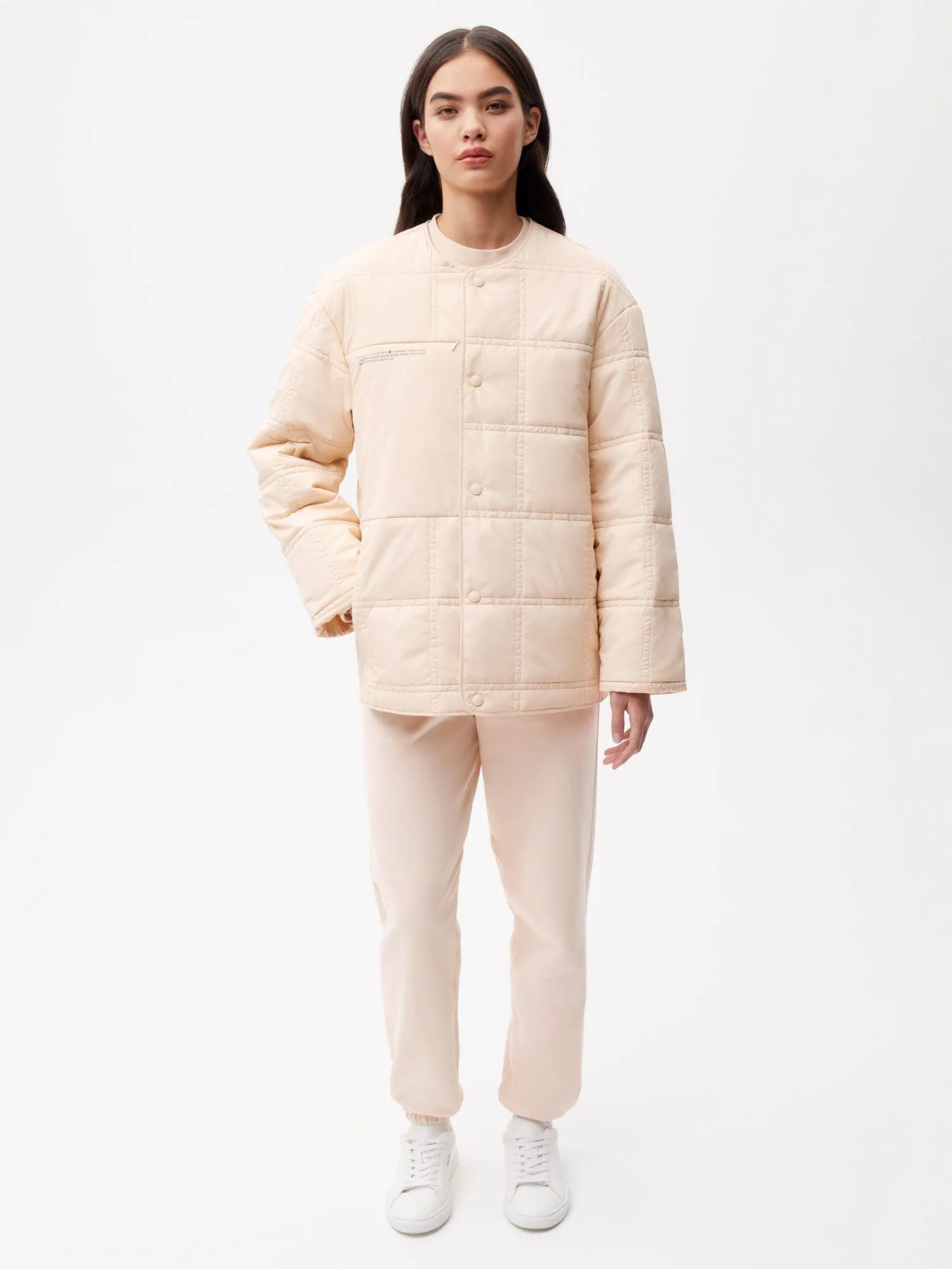 Womens Flower-Warmth Quilted Collarless Jacket—sand