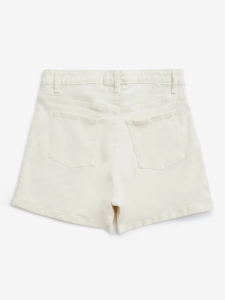 Y&F Kids Off-White Floral Embroidered High-Rise Denim Skort