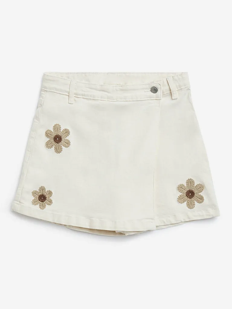 Y&F Kids Off-White Floral Embroidered High-Rise Denim Skort