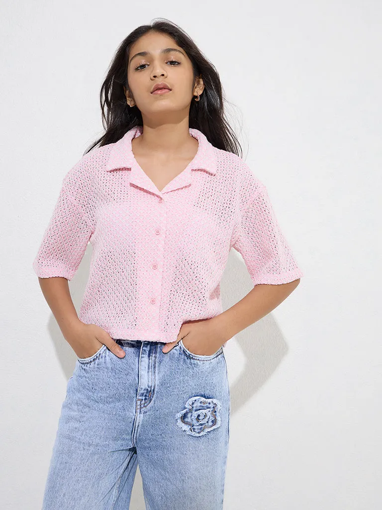 Y&F Kids Pink Cotton-Blend Knit-Textured Shirt