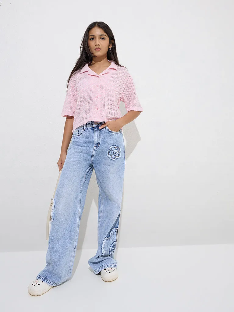 Y&F Kids Pink Cotton-Blend Knit-Textured Shirt
