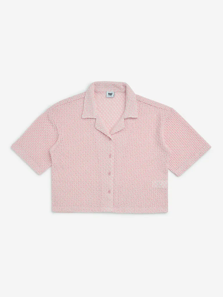 Y&F Kids Pink Cotton-Blend Knit-Textured Shirt