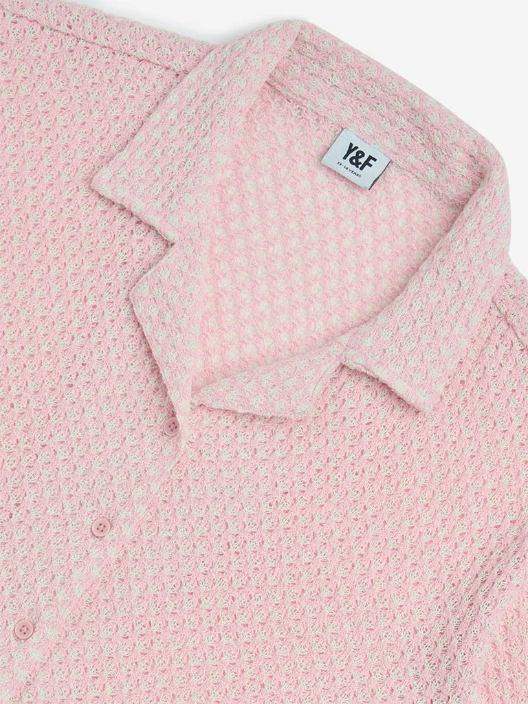 Y&F Kids Pink Cotton-Blend Knit-Textured Shirt