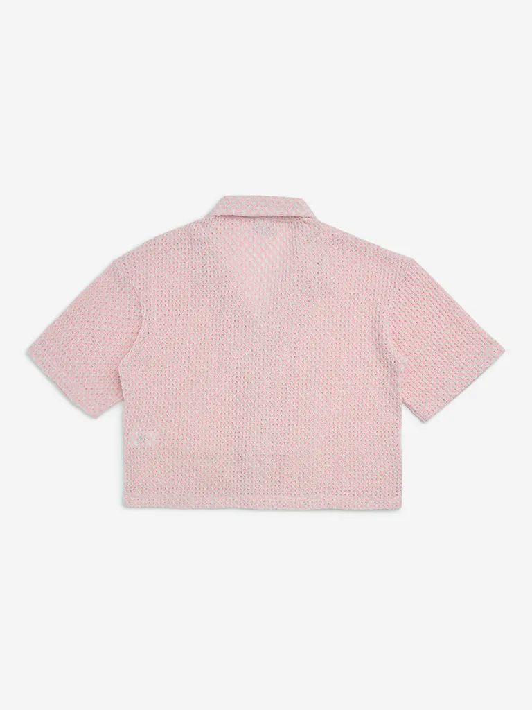 Y&F Kids Pink Cotton-Blend Knit-Textured Shirt