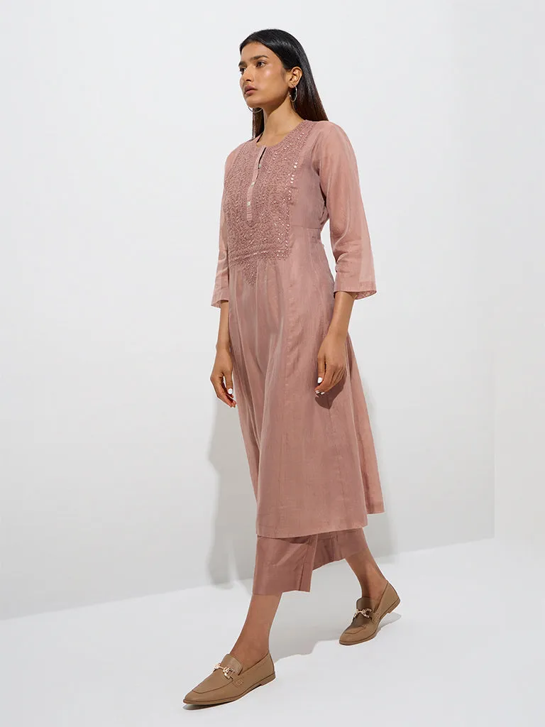 Zuba Dusty Pink Embroidered A-Line Kurta with Inner