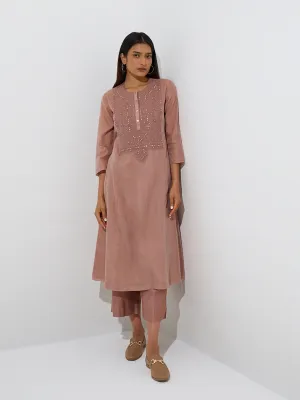 Zuba Dusty Pink Embroidered A-Line Kurta with Inner